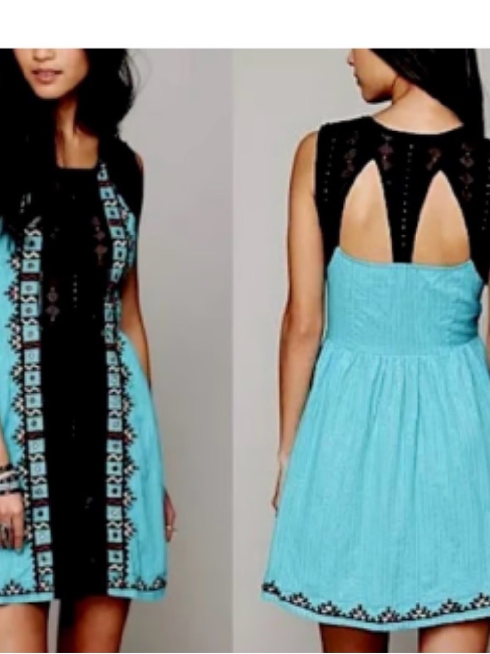 Free People Lily Sleeveless Black & Turquoise Embroidered Fit-and-Flare Dress